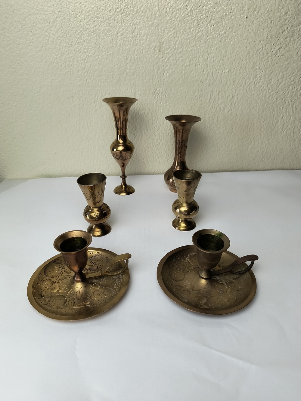 Vintage Brass Set of 6 Vases and Chamberstick Holders - Engraved